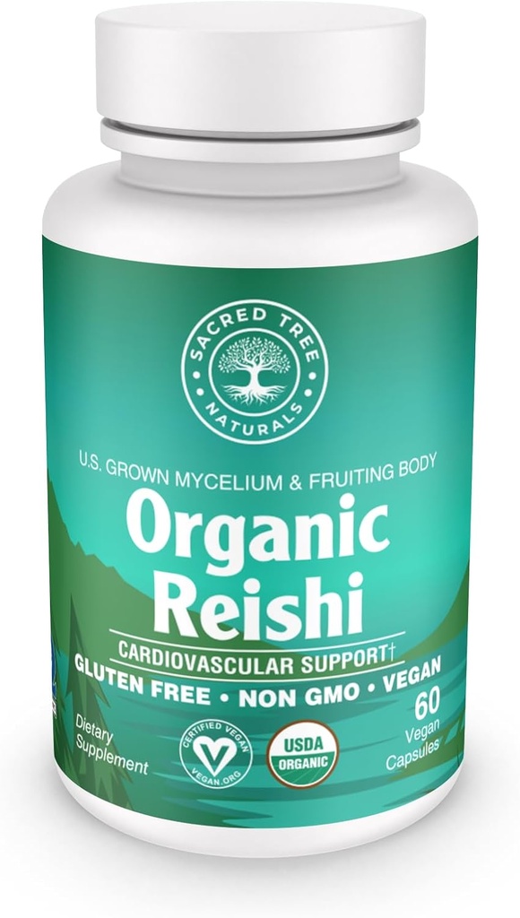 Organic Reishi Mushroom Capsules - 1,000mg Potency - Stress Relief, Heart Health & Immunity - Non-GMO, Vegan, 60 Count (30 Servings)