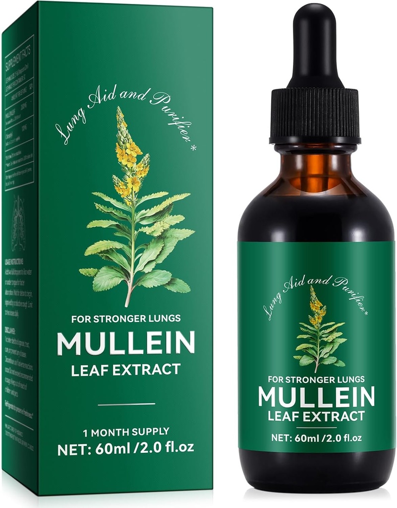 Generisk Mullein Leaf Extract - Lung Aid & Purifier - Andningsstöd & Gentle Lung Cleanse - Hälsosam andning - Naturlig och säker - Snabb Absorption - Vegetarisk - 60ml, 1 månads leverans