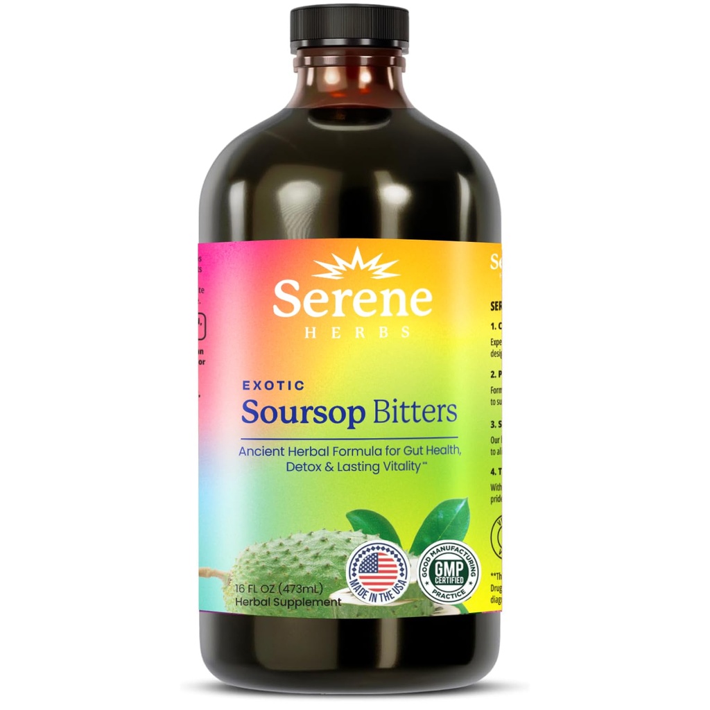 Serene Herbs - Soursop Bitters Liquid - Organic Herbal Guanabana Detox med Black Seed, Moringa & Ginger - Stöder Digestive Wellness & Immune Function - 16 fl oz
