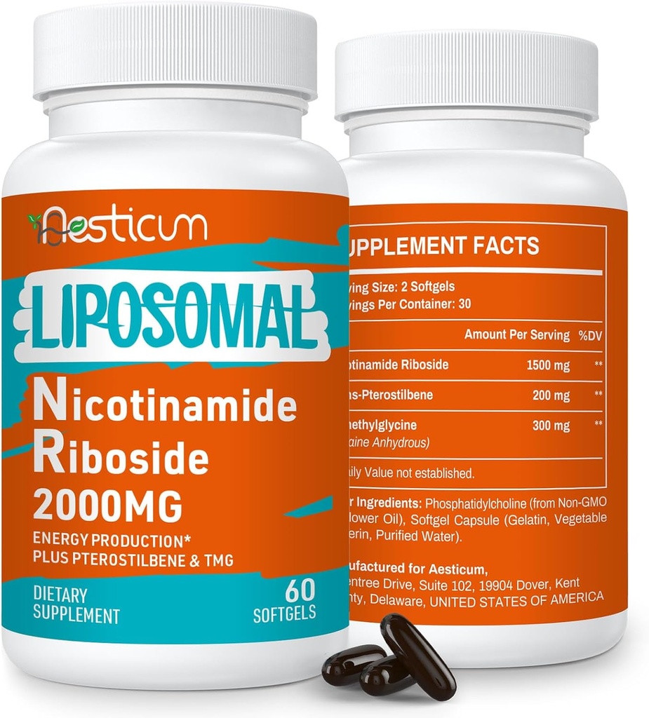 2000 MG Liposomal Nicotinamide Riboside Supplement med TMG & Pterostilbene, hög biotillgänglighet NAD + Boosting Supplement, överlägsen Niacinamide för energi, immunitet, ålder motstånd, 120 Softgels