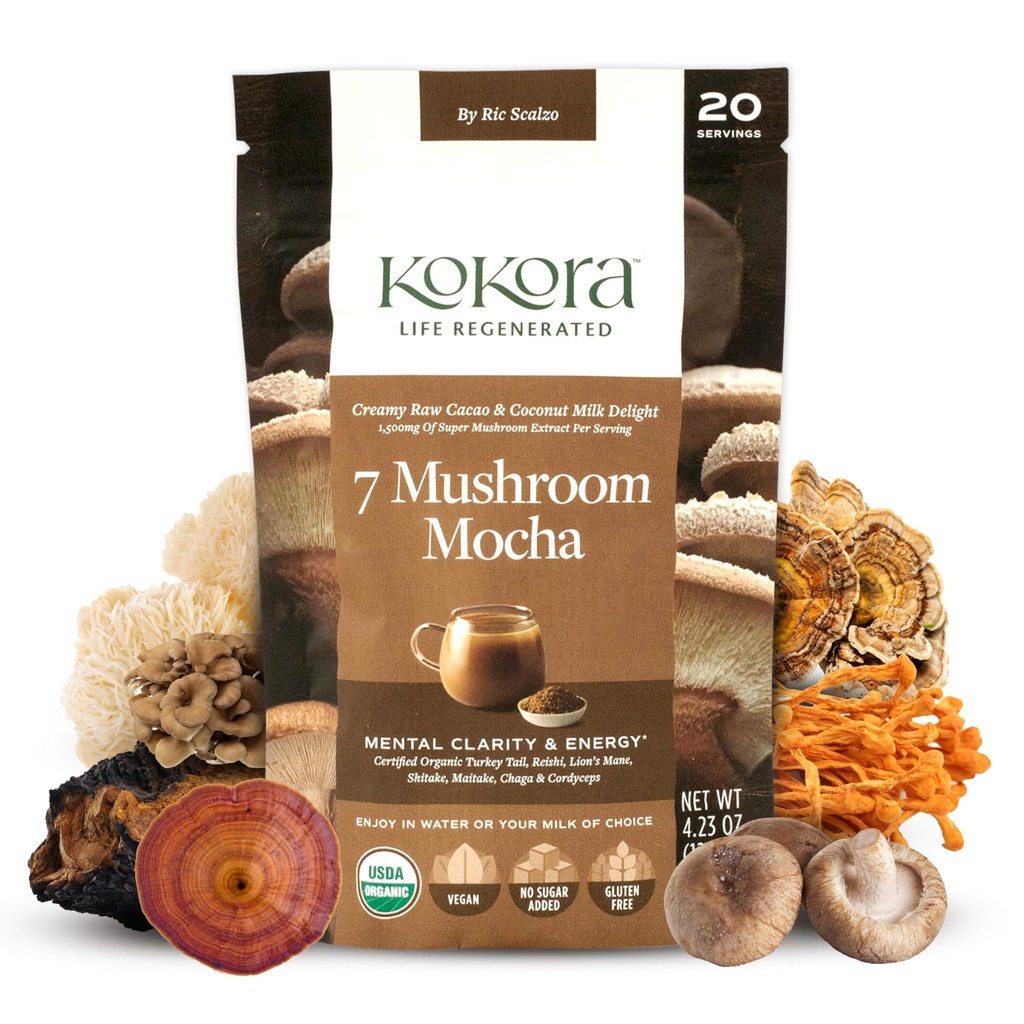7 Mushroom Mocha - Organic Adaptogenic Mushroom Powder - Inklusive Turkiet Tail & Lions Mane - Energizes & Promotes Mental Clarity * - Vegan, Gluten Free, No Added Sugar - 20 portioner - 120g