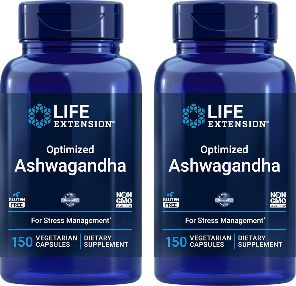 Life Extension Optimized Ashwagandha, 150 Veg Caps (Pack of 2) - Non-GMO, Gluten Free, Vegetarian Capsules
