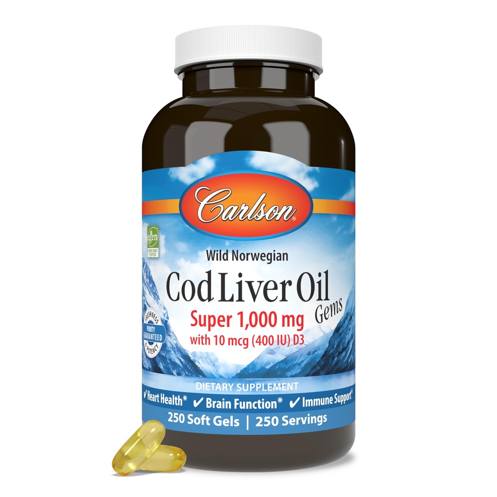 Carlson - Cod Liver Oil Gems, Super 1000 mg, 250 mg Omega-3, 400 IE (10 mcg) Vitamin D3, Wild Caught Norwegian Arctic Cod Liver Oil, Nordic Fish Oil Capsules, 250 Softgels