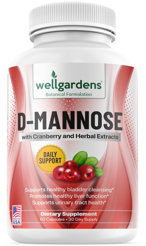100% ren D-Mannose med Cranberry Extract - Hjälper till att rengöra föroreningar, naturlig urinvägshälsa, lever och blåsstöd kapslar, icke-GMO