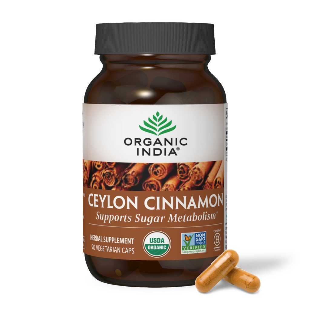 ORGANIC INDIA Ceylon Cinnamon Supplement - Organic Ceylon Cinnamon Capsules, Cinnamon Pills Herbal Supplement, Support Digestion, Källa av Antioxidanter, USDA Organic, Vegan, Gluten-Free - 90 kapslar