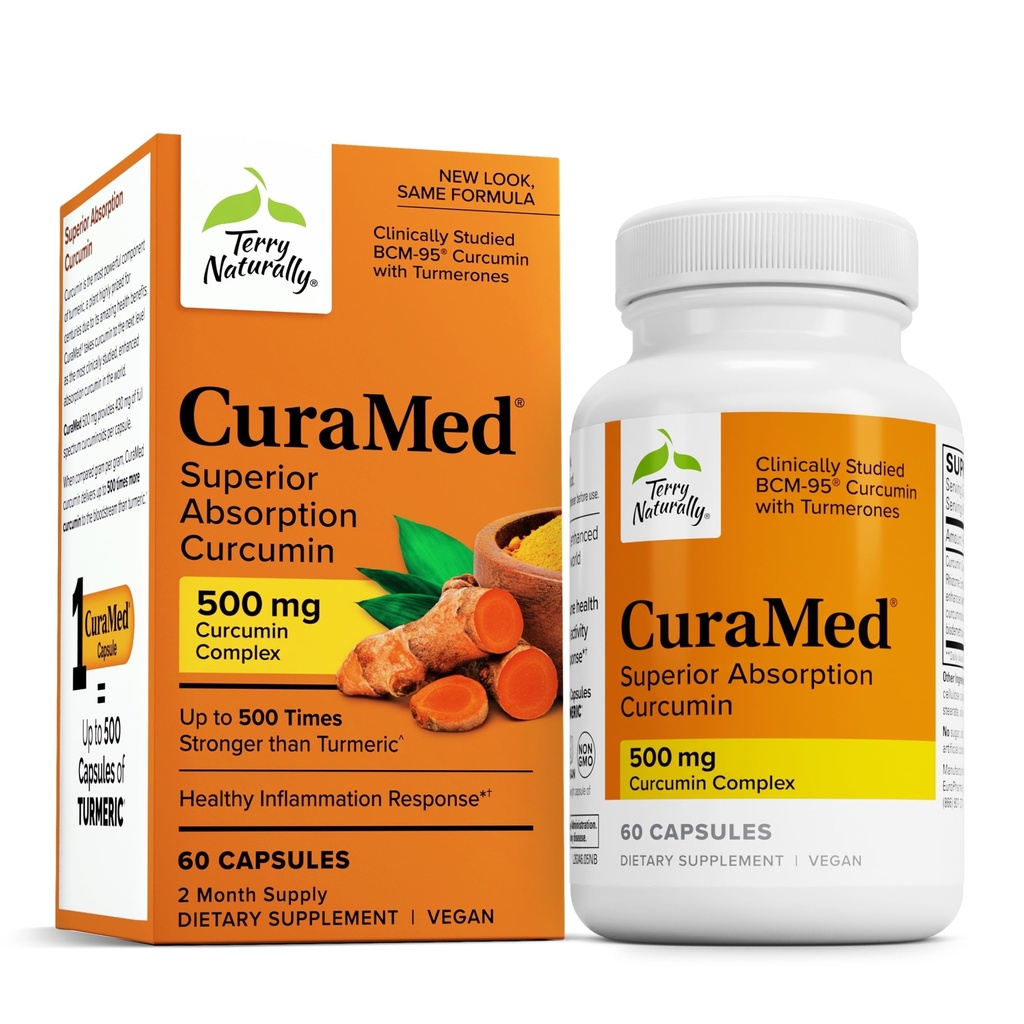 Terry Naturligt CuraMed 500mg - Antioxidant Supplement för hjärn- och immunhälsostöd - Tillägg med Curcumin & Turmeric Essential Oil - Herbal Liver Support - 60 Softgels