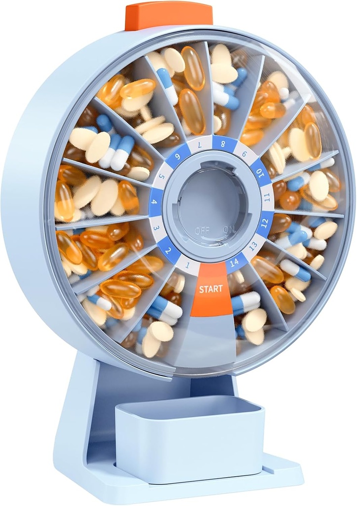 Daviky Pill Dispenser Daily, Large Pill Organizer med Wall-Mounted eller Standing Use, 14 Days Pill Container, Push Button Design, Weekly Pill Box för vitamin, medicin, tillägg, fiskolja (Blå)
