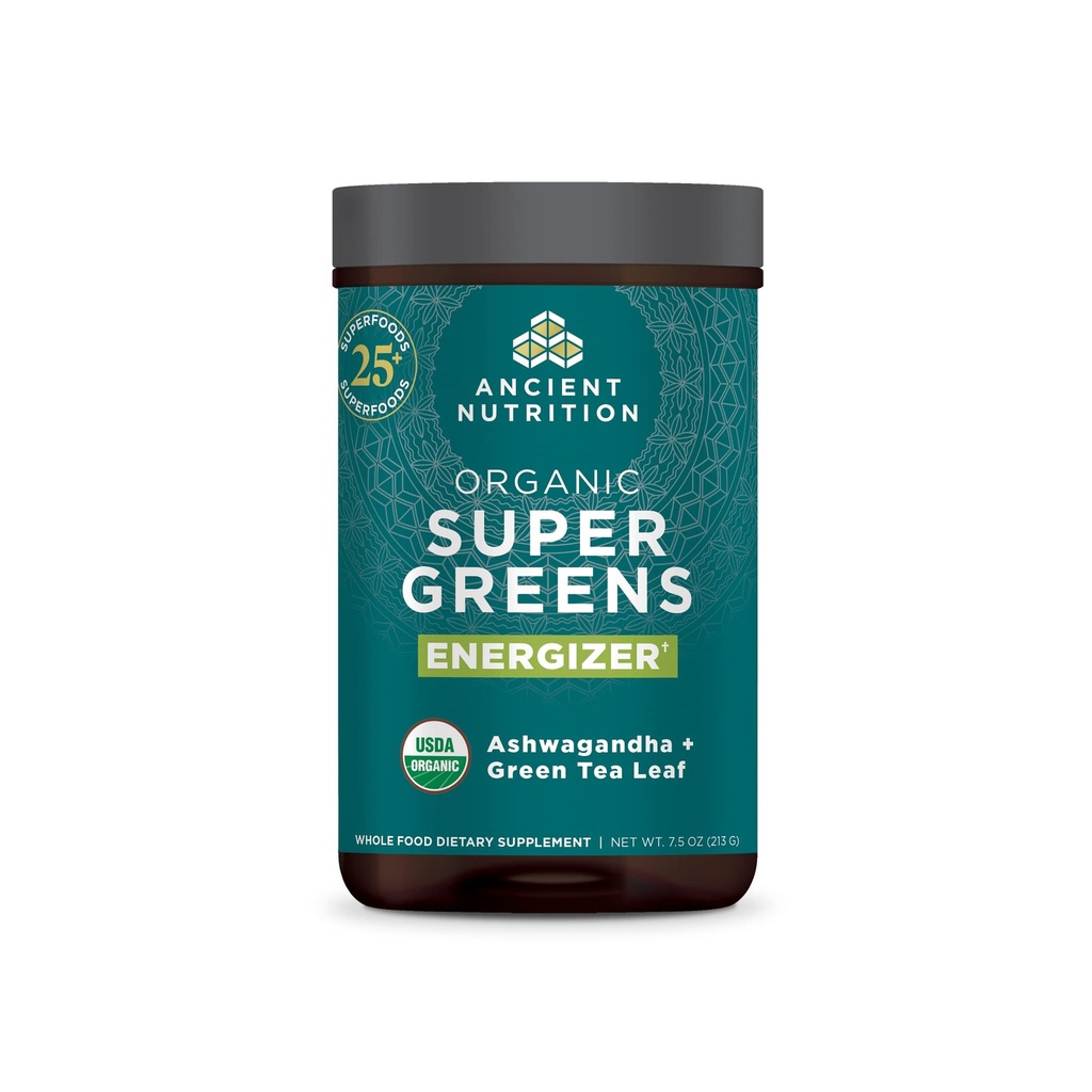 Ancient Nutrition Organic SuperGreens Energizer Powder med probiotika och B12, gjord av verkliga frukter, grönsaker och örter, för Digestive, Avgiftning och energistöd, 25 portioner