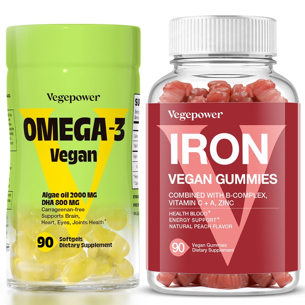 Vegan Iron Gummies + Vegan Algae Omega-3 DHA - Bästa vitamintillskott för kvinnor och män, icke-GMO, glutenfri