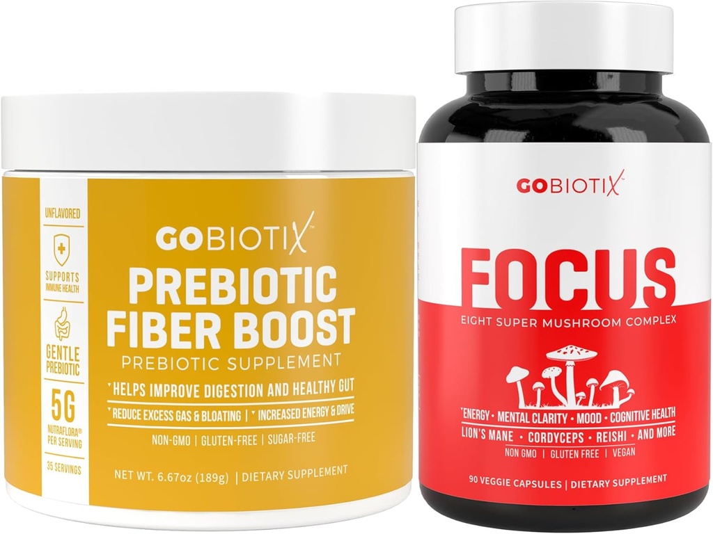 GOBIOTIX Brain & Gut Wellness Bundle: Fokus Mushroom Complex 90 kapslar + Fiber Supplement 35 portioner