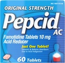 Pepcid AC Original Strength Heartburn Relief Tablets, Prevents & Relieves Heartburn På grund av Syra Indigestion & Sour Stomach, 10 mg Famotidin för att minska och kontrollera Syra, Fast-Acting, 60 Ct
