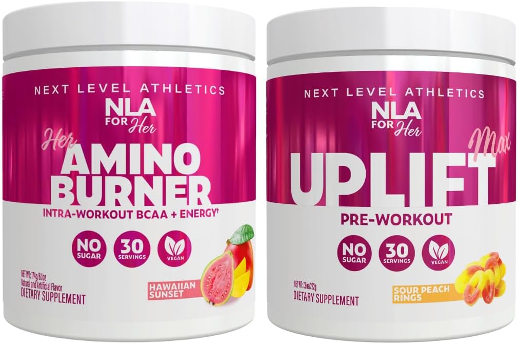 NLA för hennes Pre / Intra Workout Stack (Inkluderar hennes termogena Amino Hawaiian Sunset och Uplift Max Pre Workout Sour Peach Rings)