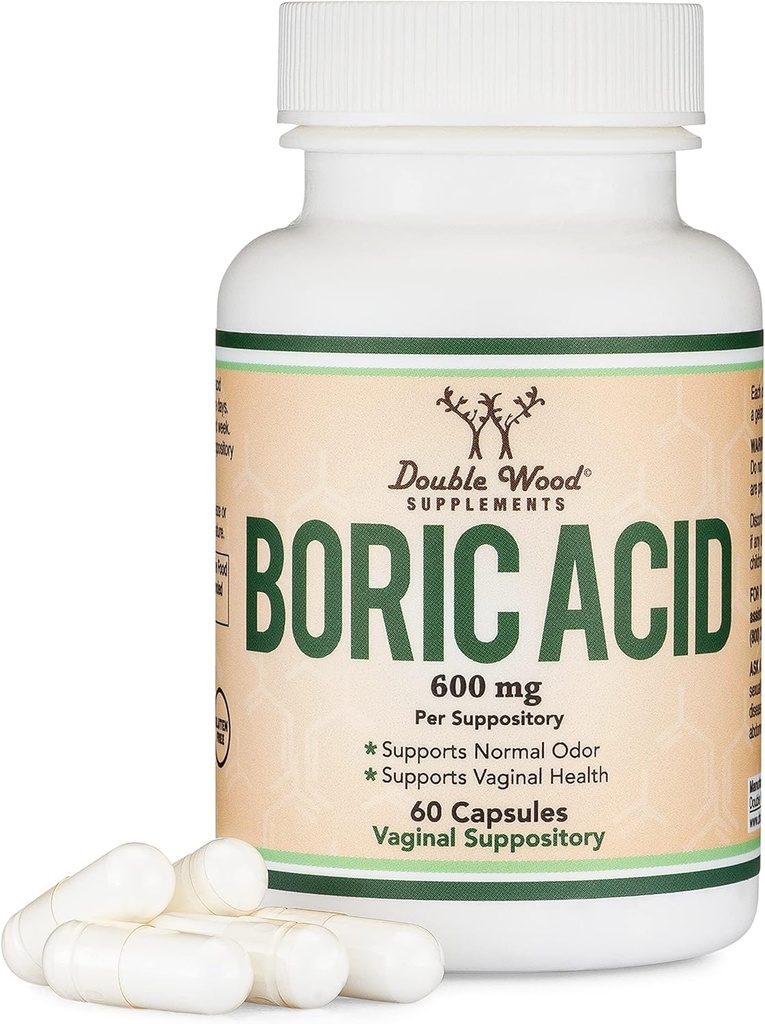 Boric Acid Suppositories (600mg Vaginal Suppository, 60 Count) stöder Vaginal pH Balance, Odor Control (USP Medical Grade Fine Powder, Easy Dissolve, Third Party Tested) av Double Wood