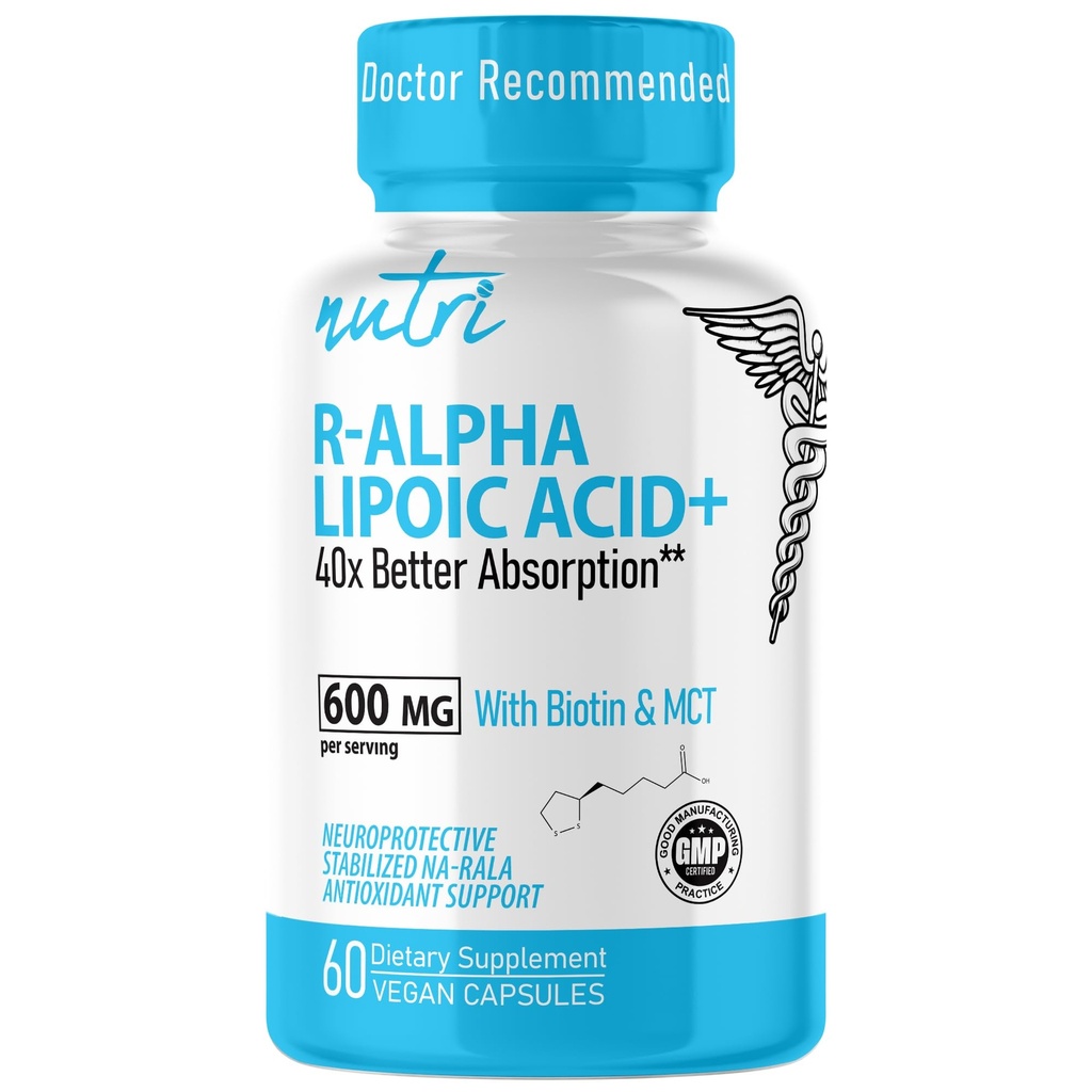 Nutri R Alpha Lipoic Acid 600mg kapslar - R Lipoic Acid Stabiliserad med Biotin - Aktiv form av R-ALA - 600 mg Klinisk dosering - Kraftfull cellulär energistöd - 60 Vegan kapslar - RALA