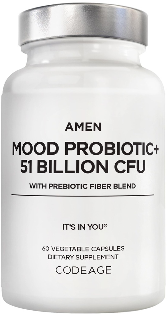 Amen Mood Probiotic Supplement 51 Billion CFU - Organic Prebiotics and Probiotics - Acidophilus Probiotic Pills, Fibers - Mood Organic Ashwagandha, Blueberries - Vegan & Non-GMO - 60 Capsules