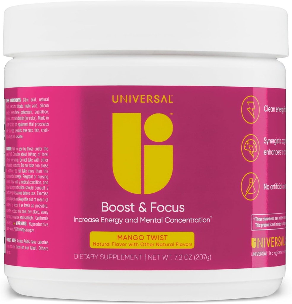 Universal U Boost & Focus Powder, Öka energi och kognitiv prestanda, Pre Workout, Custom Dosing, VIT B12, Niacin, Choline, L-Tyrosine, inga konstgjorda smaker, 30 portioner (Mango Twist)