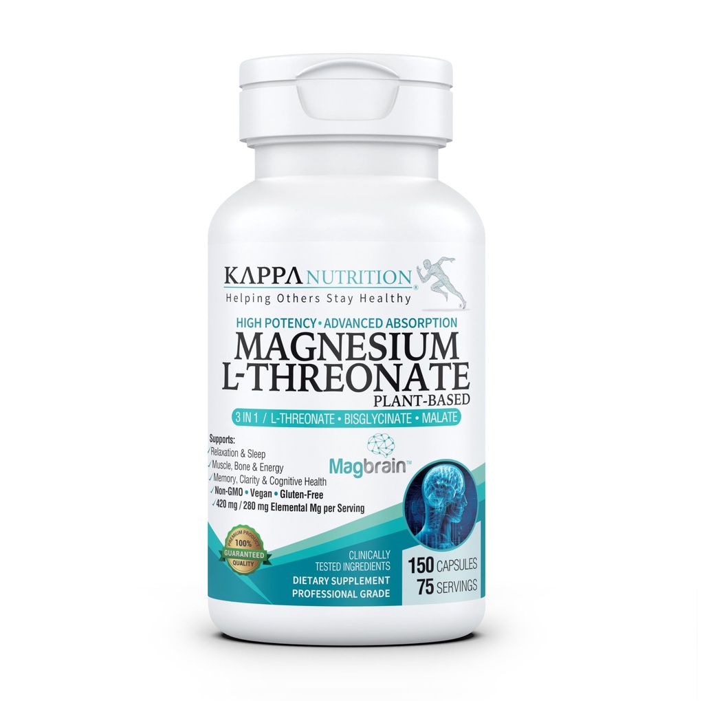 Kappa Nutrition drivs av MagbrainTM Magnesium L-Threonate Plant-Based, 420mg Elemental Magnesium (3 kapslar) från 2 253mg, 150 Vegan Capsules, Brain, Sleep & Muscle Support.