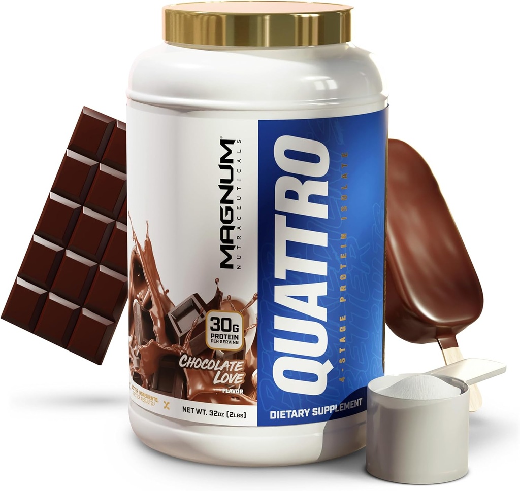 Magnum Nutraceuticals Quattro Whey Protein Powder, Chocolate Love 2lb - Premium Protein Isolate Blend för muskeltillväxt och återhämtning