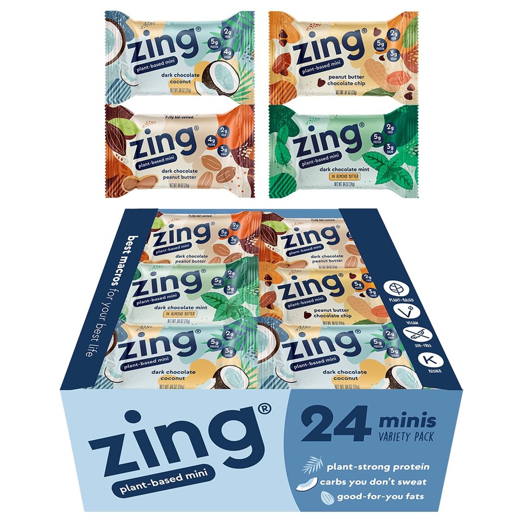 Zing Kids Protein Bars Variety Pack, Gluten Free 100 Calorie Mini Bars med hög protein, Vegan Nutrition Bars, Dairy Free Plant Based Protein - 24 räkna