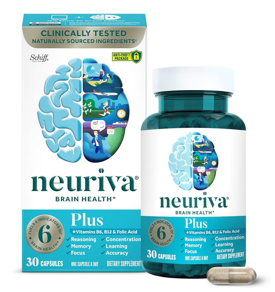 NEURIVA Plus Brain Supplement för minne, fokus och koncentration + kognitiv funktion med kliniskt testade Nootropics Phosphatidylserine och Neurofactor, vitamin B6 & B12, 30 greve kapslar