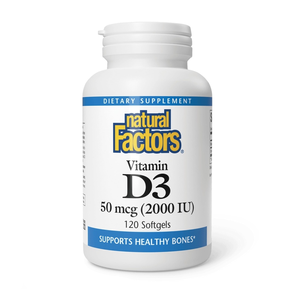 Naturliga faktorer, vitamin D3 2000 IE (50 mcg), stöder starka ben, muskler och immunfunktion, 120 Softgels