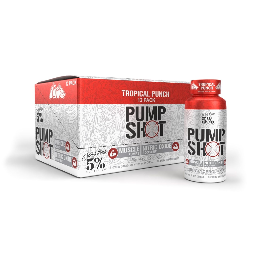 5% Nutrition Rich Piana Pump Shot Liquid Glycerol Nitric Oxide Booster, Stim Free Pre Workout | 20.000 mg med S7 | Pumpar, Hydration | Fruit Punch Flavor (12 Pack Caddy)