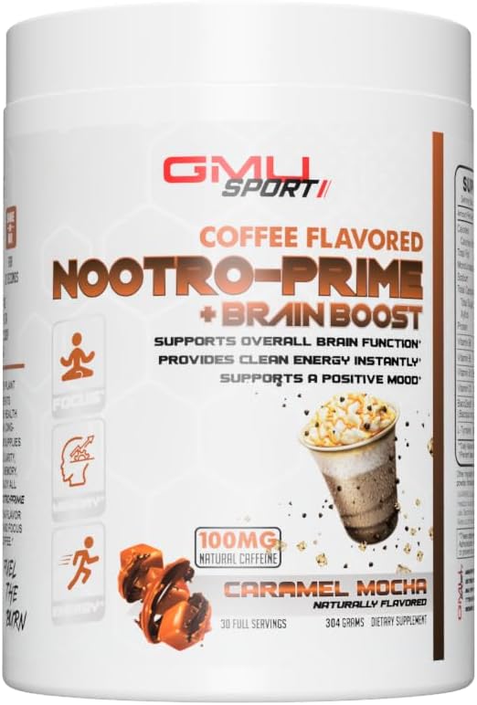 GMU SPORT Nootro-Prime Brain Boost - Fokus Brain Supplement - Mushroom Supplement Powder med Alpha GPC, Nootropic Brain Supplements for Memory and Focus with Lions Mane, 30 Servings, Caramel Mocha