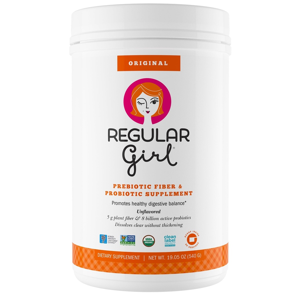 Regelbunden Girl Organic Powder, Prebiotic Fiber Supplement och Probiotics for Women, Low FODMAP, 90 Day Bulk Supply, Unflavored, 90 Servings