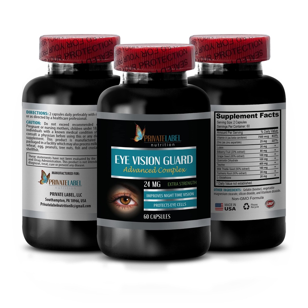Vision Vitaminer med Lutein - Eye Vision Guard 24 MG - Avancerad komplex, Eye Vision Support, Lutein Supplements, Vitamin A Supplement, Turmeric Extract, Bilberry Extract, Taurine, 1 Bot 60 Capsules