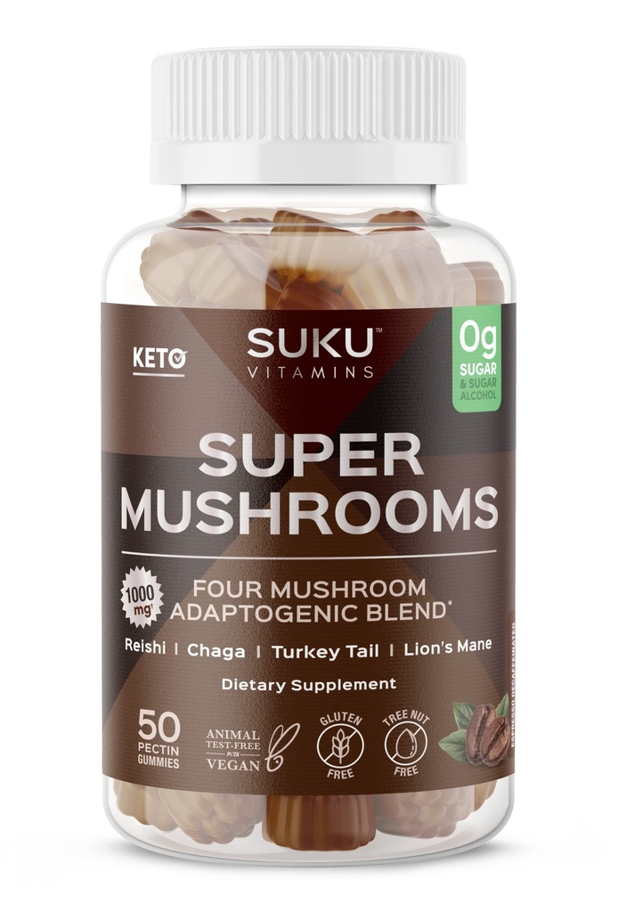 SUKU Vitaminer - Super Mushroom -Reishi Chaga, Turkiet Tail & Lions Mane Blend Gummies för immunitet - Lätt att tugga - Non GMO, Gluten Sugar Free - Espresso Decaffeinated Flavored Gummy Vitamins, 50 Count