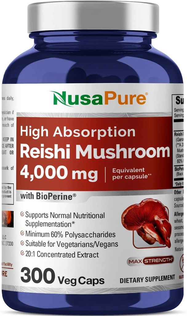NusaPure Reishi Mushroom Extract 20:1 Extrakt, 200 mg Equivalent till 4000mg per kapsel 300 Veggie Caps Vegan, Non-GMO, Vegan