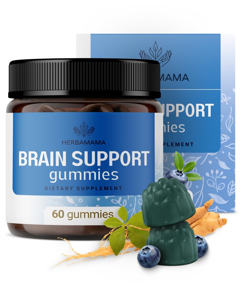HERBAMAMA Brain Support Gummies - Brain Focus Supplements for Adults with Ashwagandha, Bacopa Monnieri, Vitamin C & B12 - Vegan, Non-GMO Calming Gummies - 60 Pectin-Based Blueberry-Flavored Chews