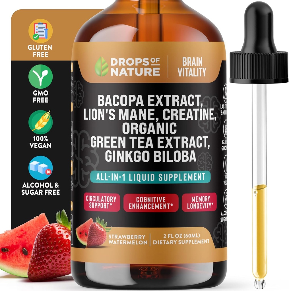 Kreatin & Bacopa Liquid Drops med Lion's Mane, Green Tea & Ginkgo Biloba - Snabbare Absorberande Blend än Gummies & Pills - Vegan Supplement för förbättrad fokus & kognition (Strawberry Watermelon, 60mL)