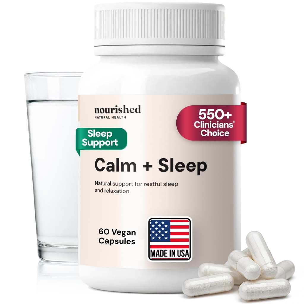 Nourished Natural - Calm + Sleep Capsules för Deep Rest & Relaxation med Ashwagandha, Chamomile, Tart Cherry Extract, Passionflower, L-theanine, & Magnesium - 60 kapslar