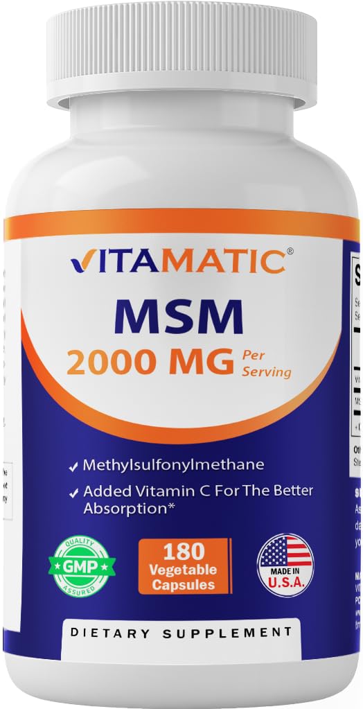 Vitamatic MSM 2000 mg med vitamin C 75mg per servering - 180 Veg kapslar - Vitamin C-hjälp i bättre absopriton av MSM (Methylsulfonylmetan) - Non-GMO & Gluten Free