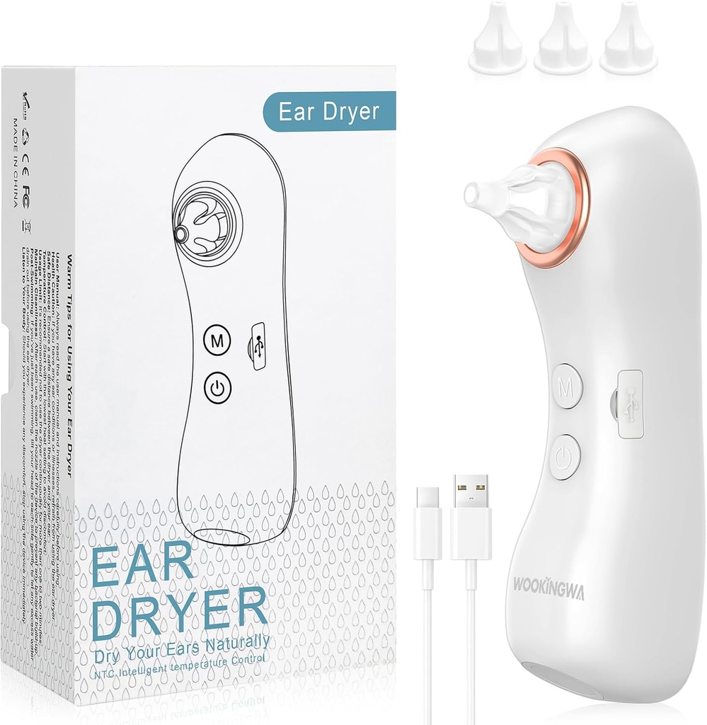 Ear Dryer, Rechargeable Ear Water Remover med Light, Electronic Warm Air Ear Drying Device för simning, dusch, surfning, dykning, hörapparatanvändning (Ear Dryer med 3 Tips)