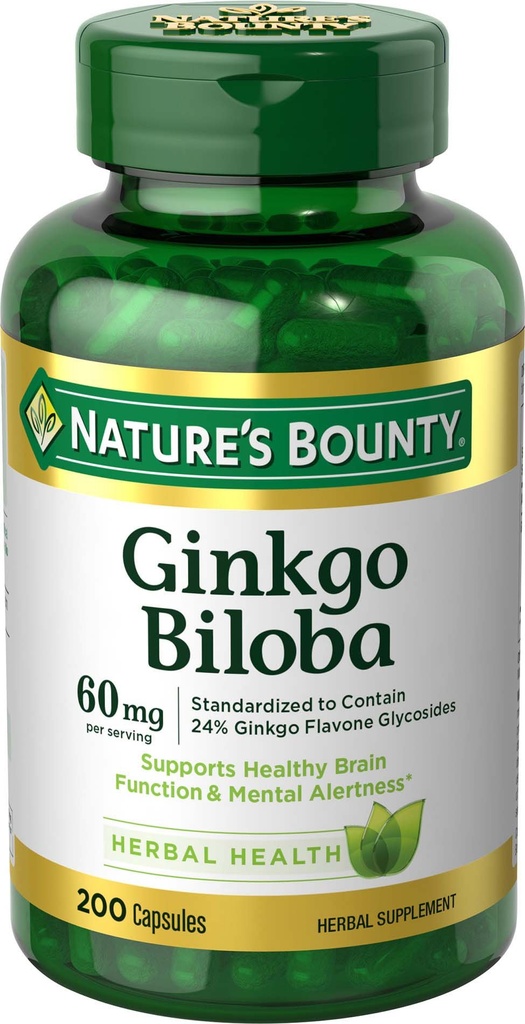 Naturens Bounty Ginkgo Biloba, stöder hälsosam hjärnfunktion, Herbal Supplement, 60 Mg, 200 kapslar