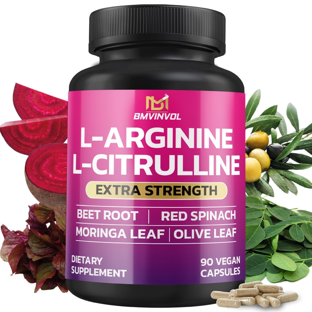 BMVINVOL L Arginine L Citrulline Supplement Plus Beet Root, Moringa, Olive, Red Spinach för Support Daily - 90 kapslar