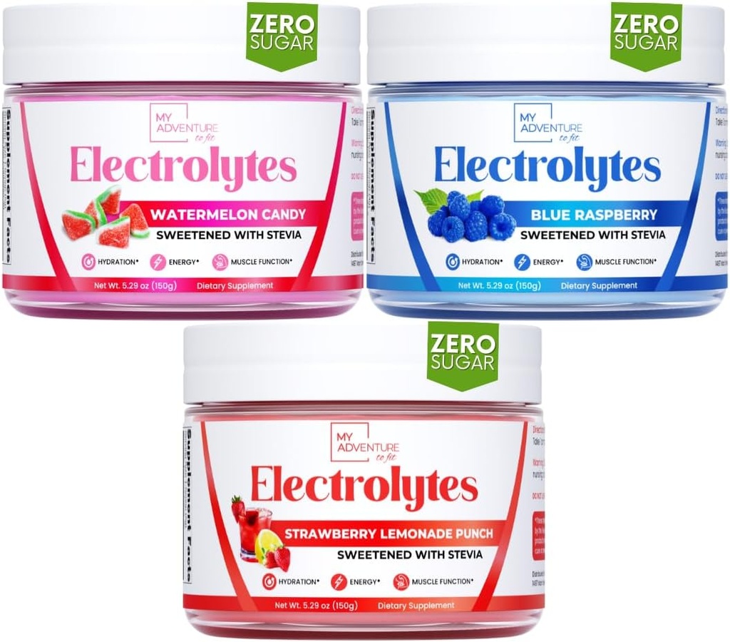 My Adventure to Fit Refreshing Hydration Electrolytes Powder med Zero Sugar, Bundle, Blue Raspberry & Watermelon Candy & Strawberry Lemonade Flavors