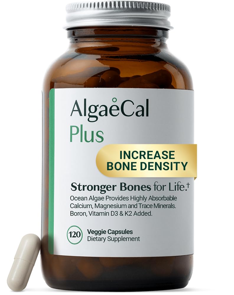 ALGAECAL Organic Red Algae Calcium Supplement för Ben Density, Vitamin K2 MK7 (100mg), Vitamin D3 (1600 IE), Magnesium (350mg) & Spåra Mineraler & Styrka, Lätt att Svälja, 120 Veggie Caps