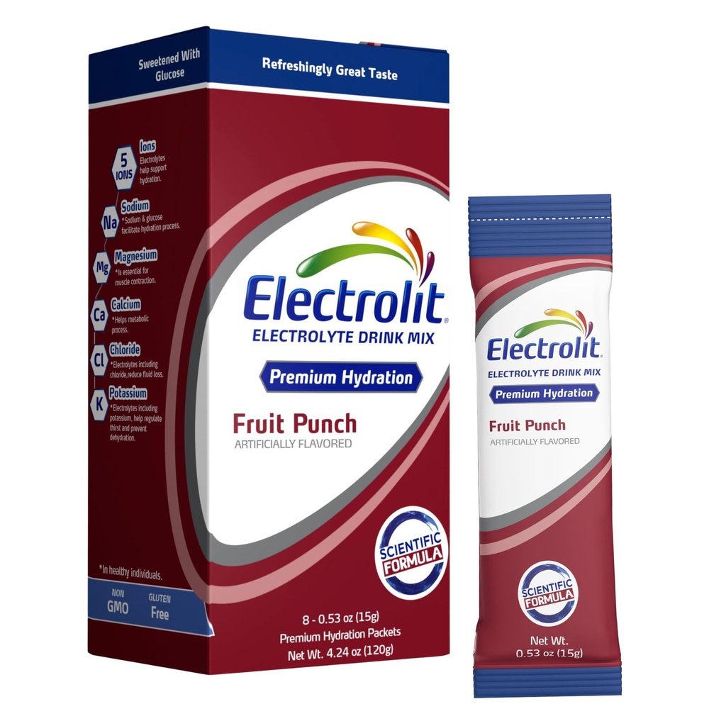 Electrolit Electrolytes Powder Packets, Fruit Punch 8 Pack, Powdered Hydration Packets för Dehydration & Rehydration, Post Workout Flavored Hydrating Drink Mix, Gluten Free Daily Water Enhancer Sticks