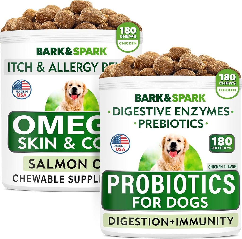 Dog Probiotics Chews + Omega 3 för hundar Bundle - Gas, Diarrhea, förstoppning, upprörd magbefrielse + allergi och nedre lättnad - Digestive Enzymes + Prebiotics + Omega 3 - Hud och Coat Support