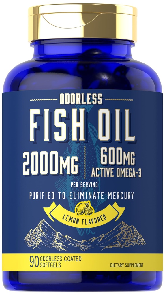 Carlyle Fish Oil 2000mg | 600mg Omega 3 Supplement for Men & Women | 90 Odorless Softgels | Lemon Flavored | Non-GMO and Gluten Free