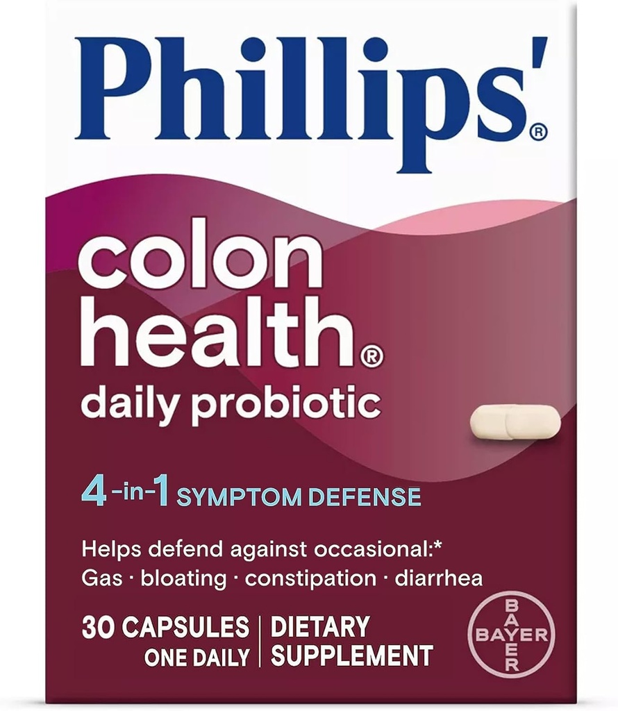 Phillips Colon Health Daily Probiotic Capsules, 4-i-1 Symptom Defense för att hjälpa till att försvara mot Occasional Gas, Bloating, förstoppning och Diarrhea, Daily Supplement, 30 Count