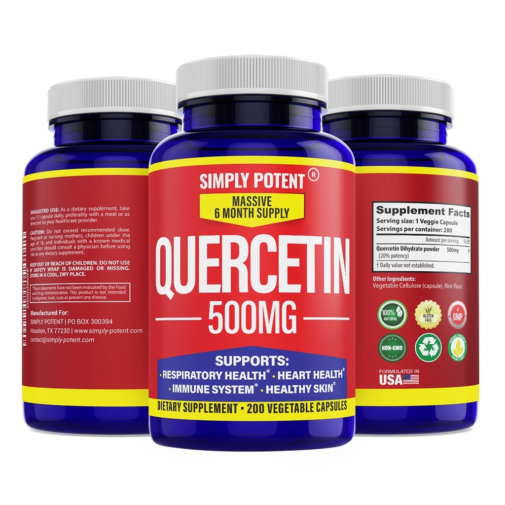 Enkelt Potent Quercetin Supplements, Quercetin 500mg 200 Capsules, 2 X Quercetin 250mg Phytosome Bioflavonoid Antioxidant Vegan Gluten Free Pills för att stödja hälsosamt cellulärt hjärta och immunfunktioner