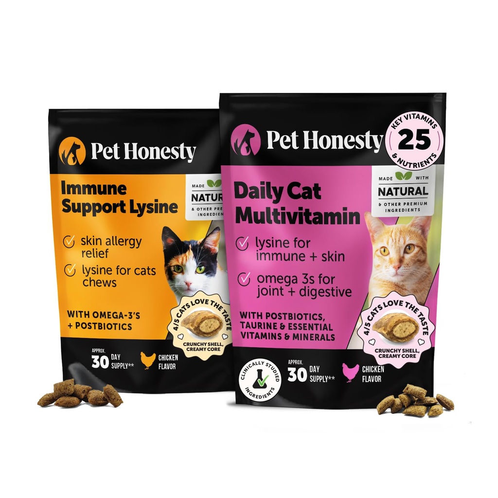 Cat Multivitamins + Immune Support Lysine Dual Texture Chew Supplement Bundle - Stöder överlag Immune Health, Joints, Skin & Coat och Cat Allergy Relief - Sneezing, Runny Nose