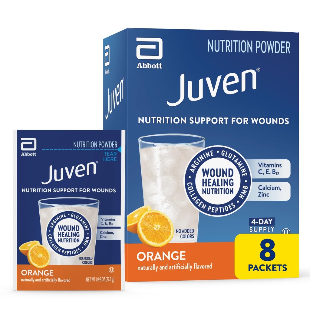 Juven Therapeutic Nutrition Drink Powder Including Collagen Peptides, Amino Acids, and HMB for Wound Healing Support, Orange, 48 Packets