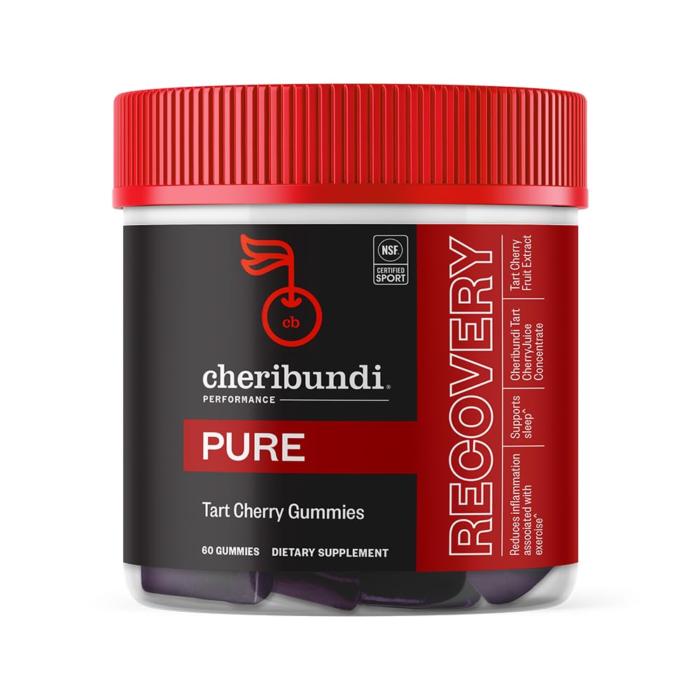 Cheribundi Tart Cherry Gummies Pure | Prestanda för maximal återhämtning med 25 Tart Cherries | Kraftfullt antioxidantstöd, icke-GMO, Glutenfri, Vegan | 20 kalorier per portion | 60 greve