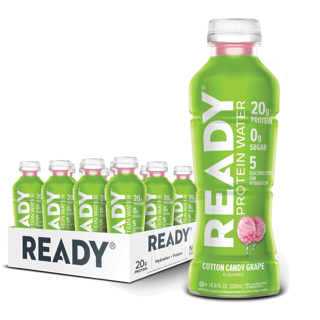 Ready® Protein Water – 20g Whey Protein Isolate, Zero Sugar, Low-Calorie Sports Drink för Hydration & Recovery – Electrolytes, Essential Amino Acids – Cotton Candy Grape, 16,9 fl oz Bottles (12-Pack)