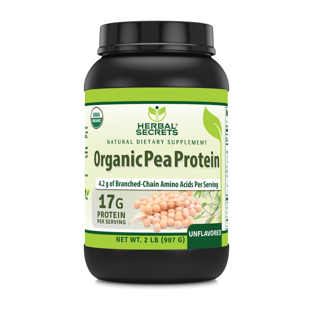 Herbal Secrets Organic Pea Protein Powder | 2 Lbs. | 17 Grams Protein Per Serving | 4,2 Grams BCAA Supplement | Non-GMO | Gluten Free | Made in USA